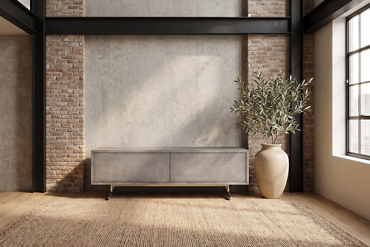 KAWOLA Couchtisch GALA 2 Schubladen Kunstleder grau Fuß Edelstahl gebürstet