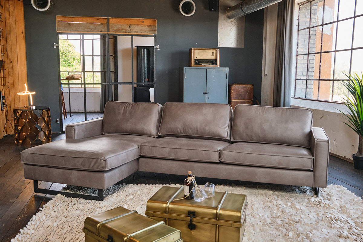 KAWOLA Ecksofa VILNIUS 3-Sitzer mit Longchair Lederfaserstoff anthrazit