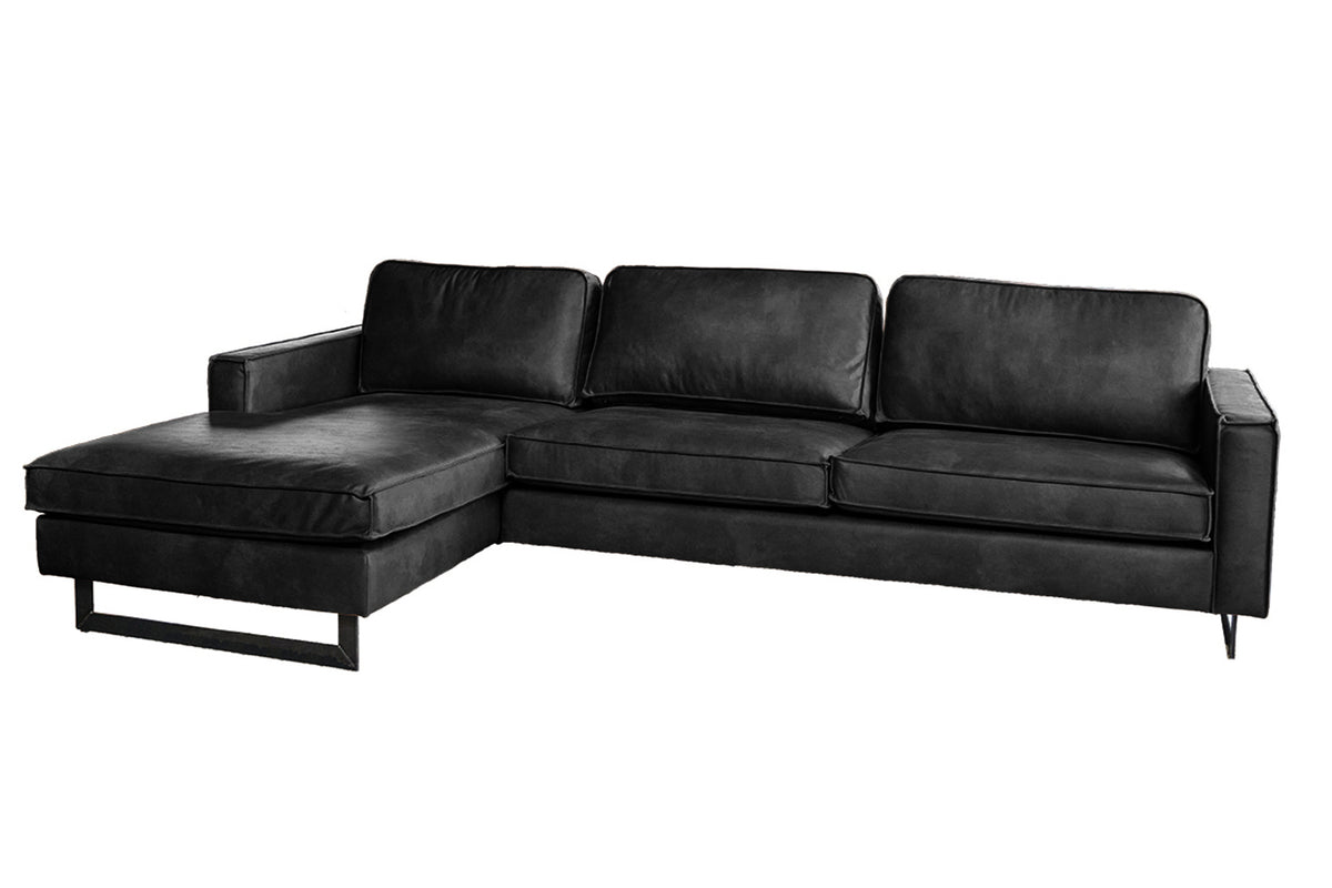 KAWOLA Ecksofa VILNIUS 3-Sitzer mit Longchair Lederfaserstoff schwarz