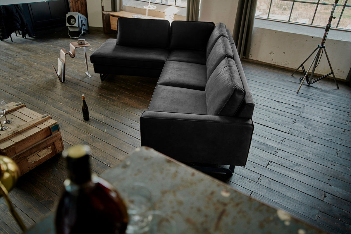 KAWOLA Ecksofa VILNIUS 3-Sitzer mit Recamiere Lederfaserstoff schwarz