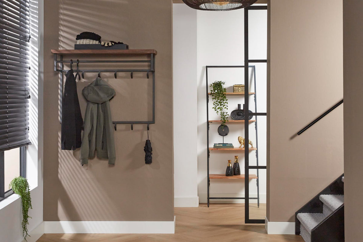 KAWOLA Garderobe ADELIA Nussbaum Metall Hutablage 12 Haken grau
