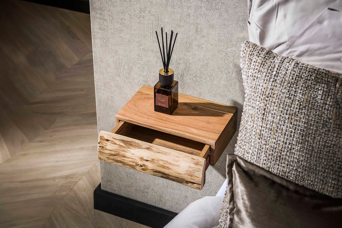 KAWOLA Nachttisch SESA 2-tlg. hängend Akazie massiv natur 1 Schublade