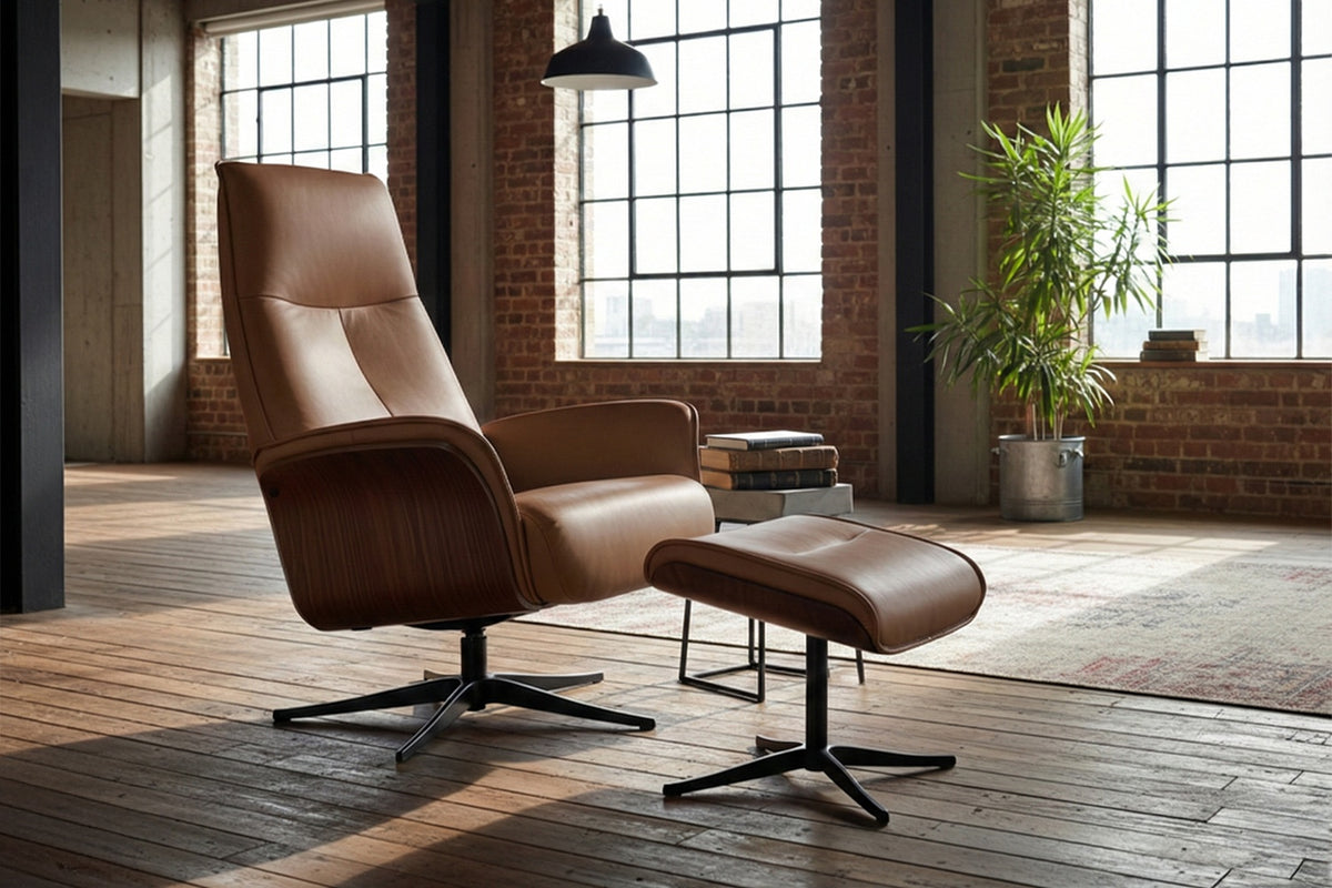 KAWOLA Relaxsessel FERREIRA Drehsessel Leder braun mit Hocker