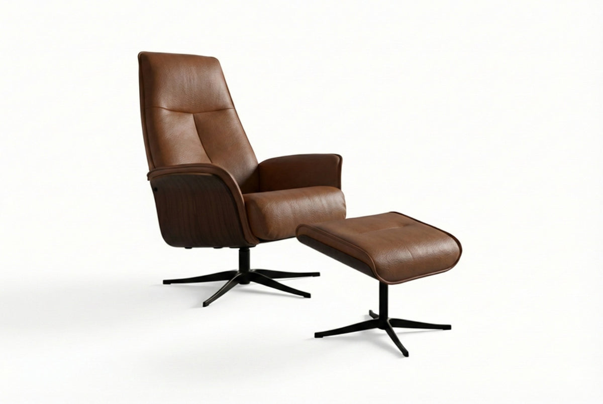 KAWOLA Relaxsessel FERREIRA Drehsessel Leder braun mit Hocker