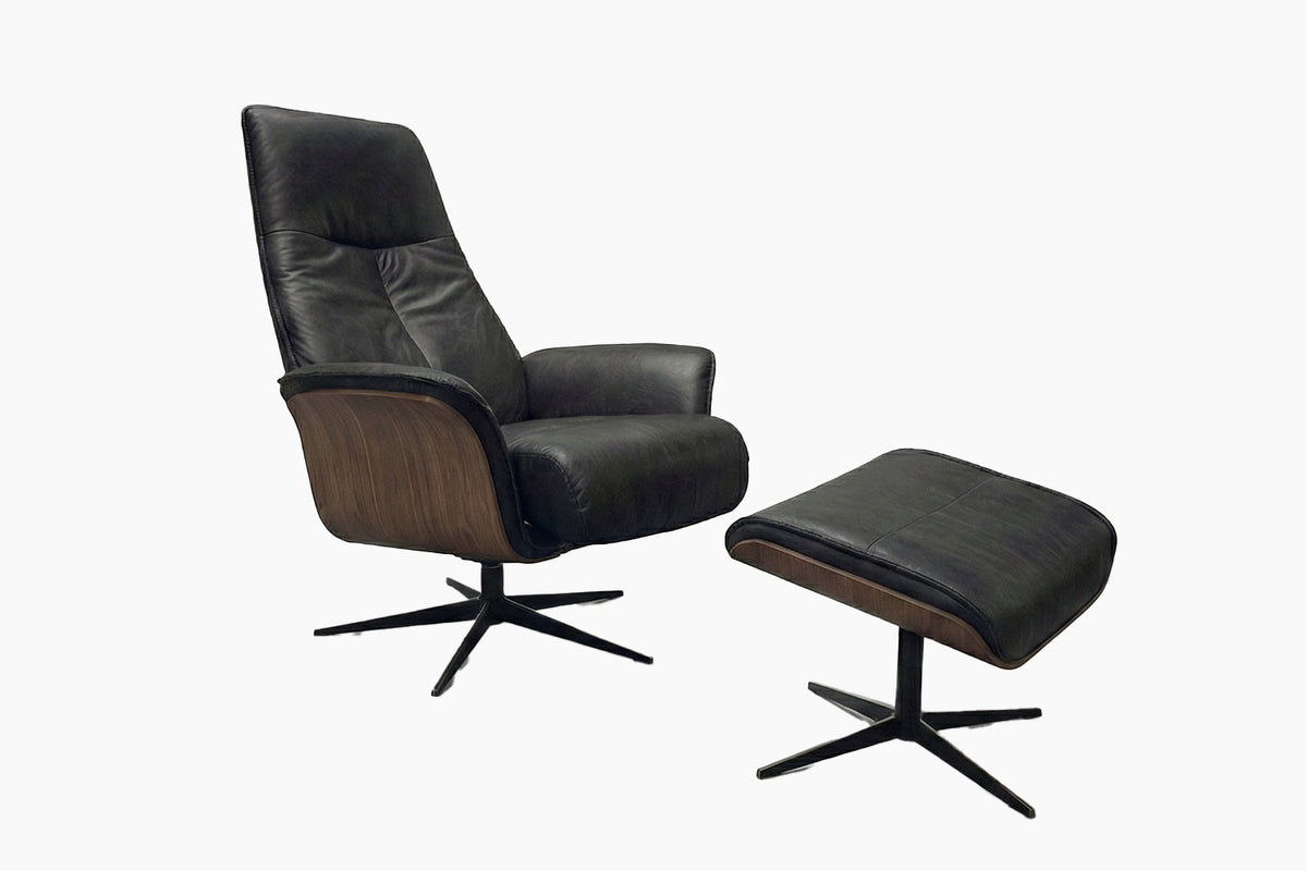 KAWOLA Relaxsessel FERREIRA Drehsessel Lederfaserstoff schwarz mit Hocker