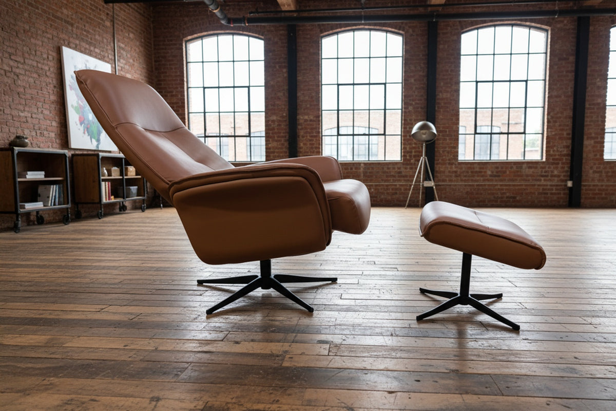 KAWOLA Relaxsessel JOSIANE Drehsessel Leder braun mit Hocker