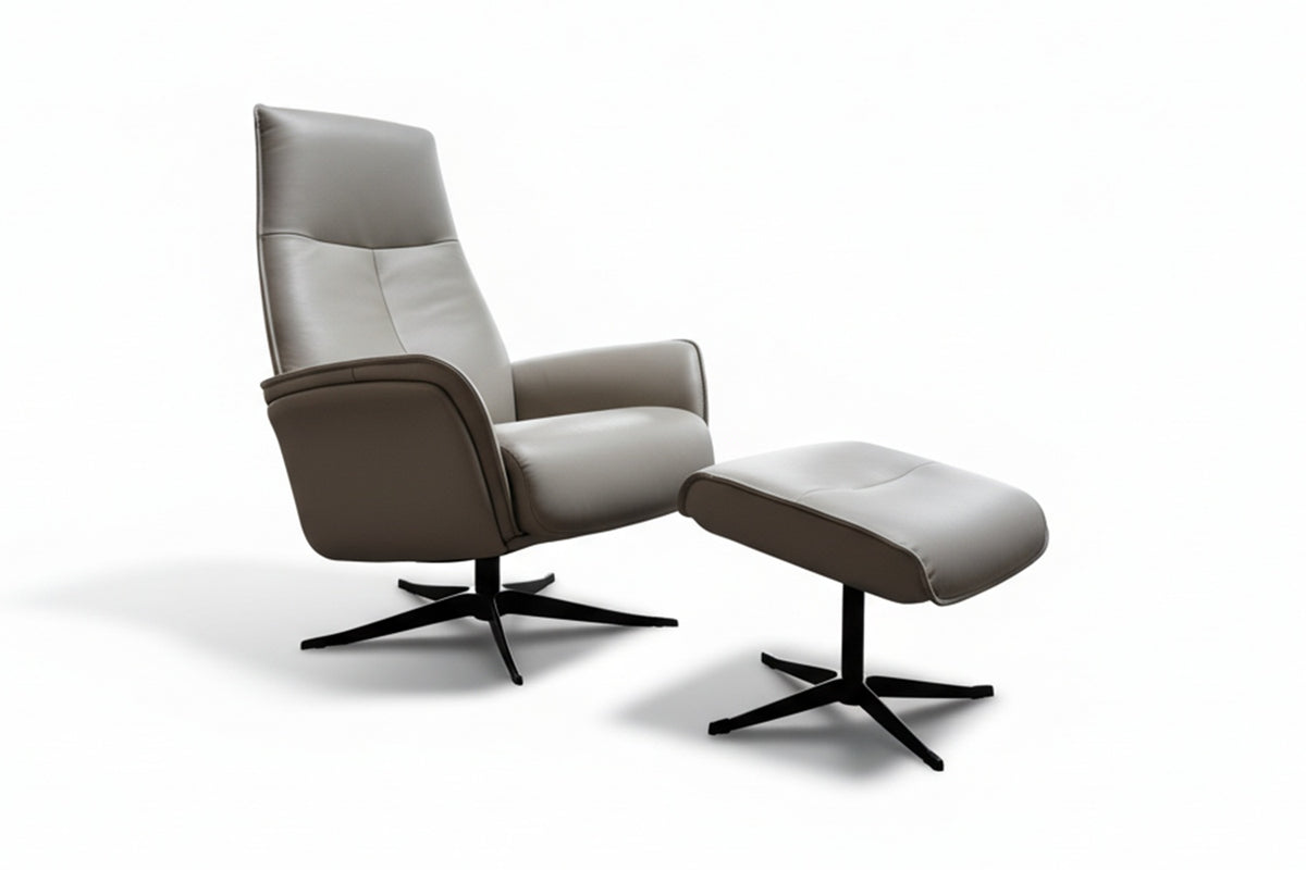 KAWOLA Relaxsessel JOSIANE Drehsessel Leder grau mit Hocker