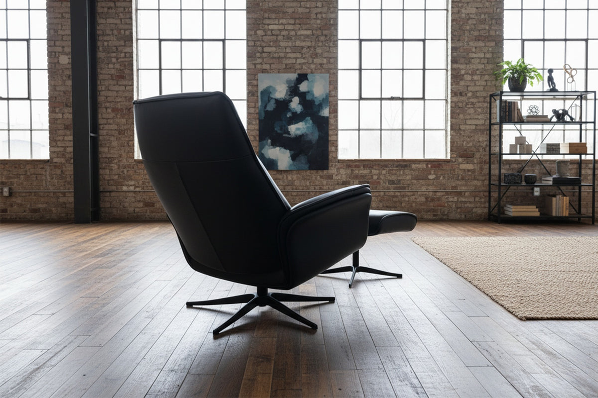 KAWOLA Relaxsessel JOSIANE Drehsessel Leder schwarz mit Hocker