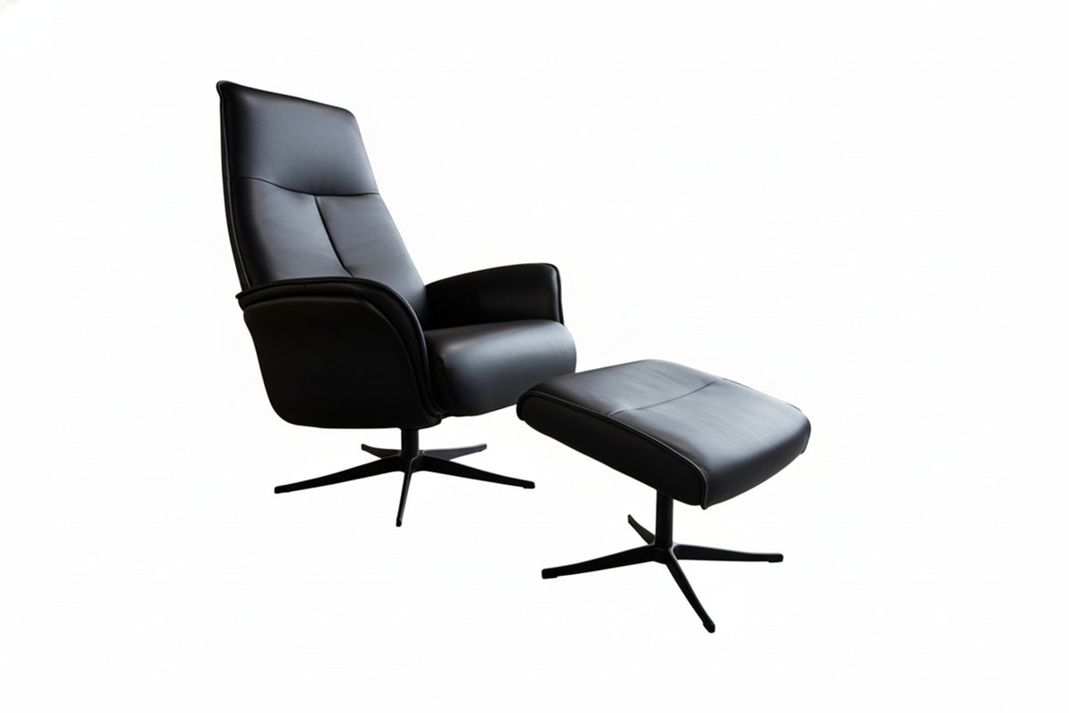 KAWOLA Relaxsessel JOSIANE Drehsessel Leder schwarz mit Hocker