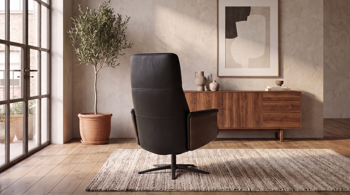 KAWOLA Relaxsessel VANITAS Drehsessel Leder schwarz mit Hocker