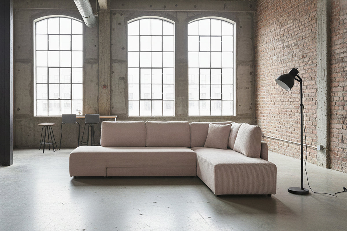 KAWOLA Schlafsofa SADIRA Ecksofa Cord taupe, Rechts