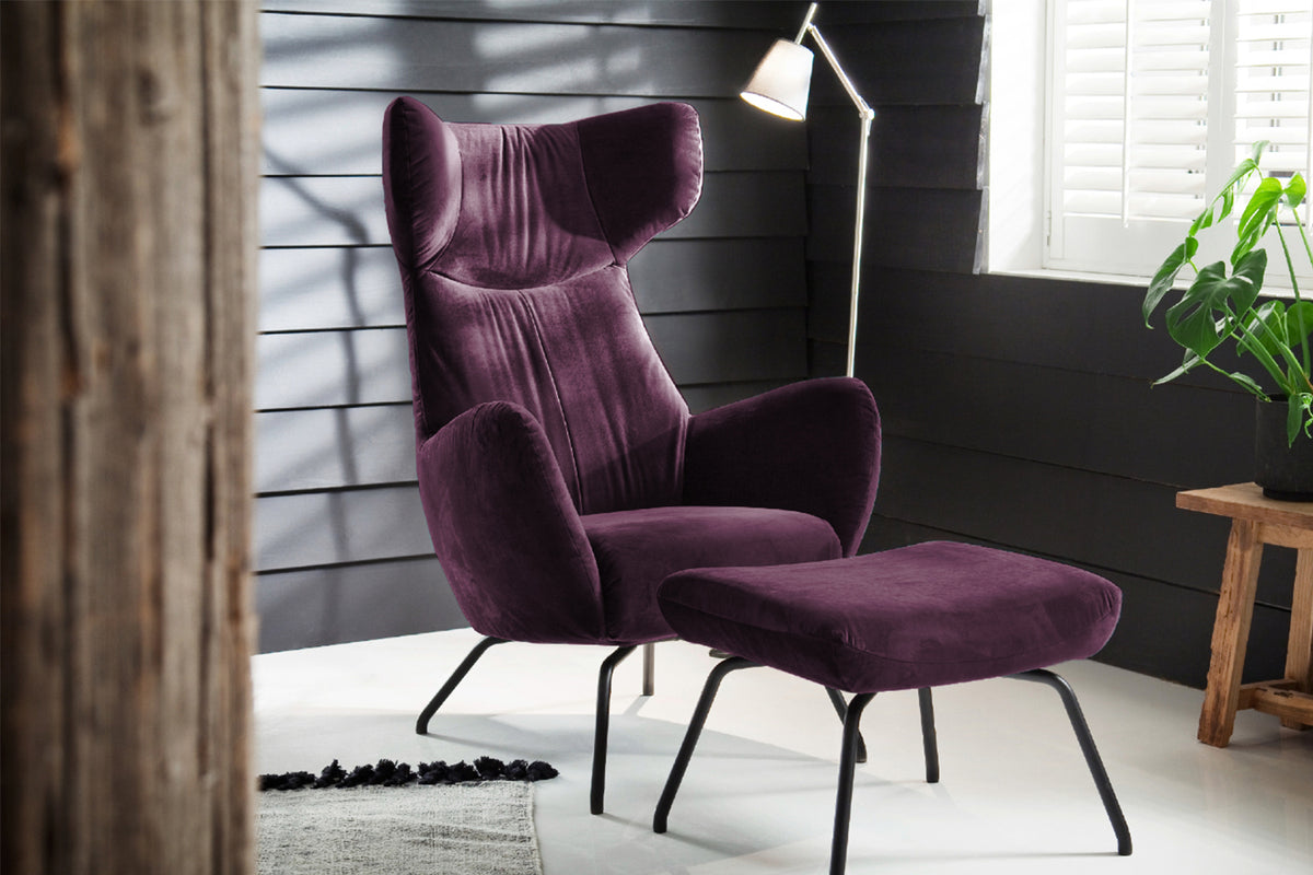 KAWOLA Sessel LOTTE Ohrensessel velvet purple mit Hocker