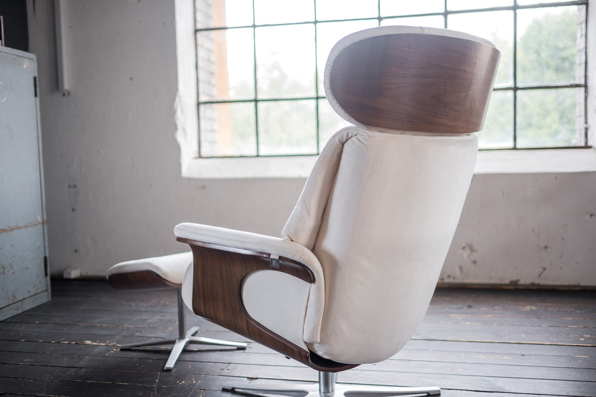 KAWOLA Sessel TOSAR Relaxsessel drehbar Velvet cremeweiß mit Hocker