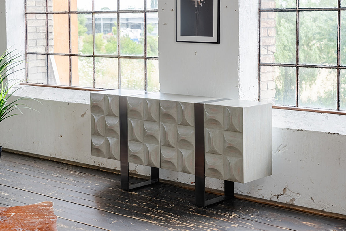 KAWOLA Sideboard MARGO 4 Türen Ulme furniert grau Fuß Edelstahl gebürstet
