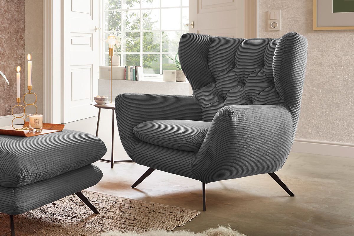 KAWOLA Sitzgruppe CHARME Sofa Sessel Hockerbank Cord grau