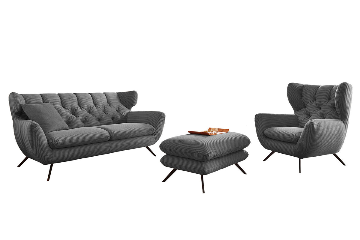 KAWOLA Sitzgruppe CHARME Sofa Sessel Hockerbank Cord grau