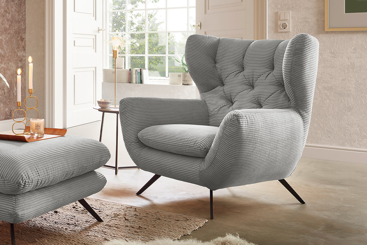 KAWOLA Sitzgruppe CHARME Sofa Sessel Hockerbank Cord hellgrau