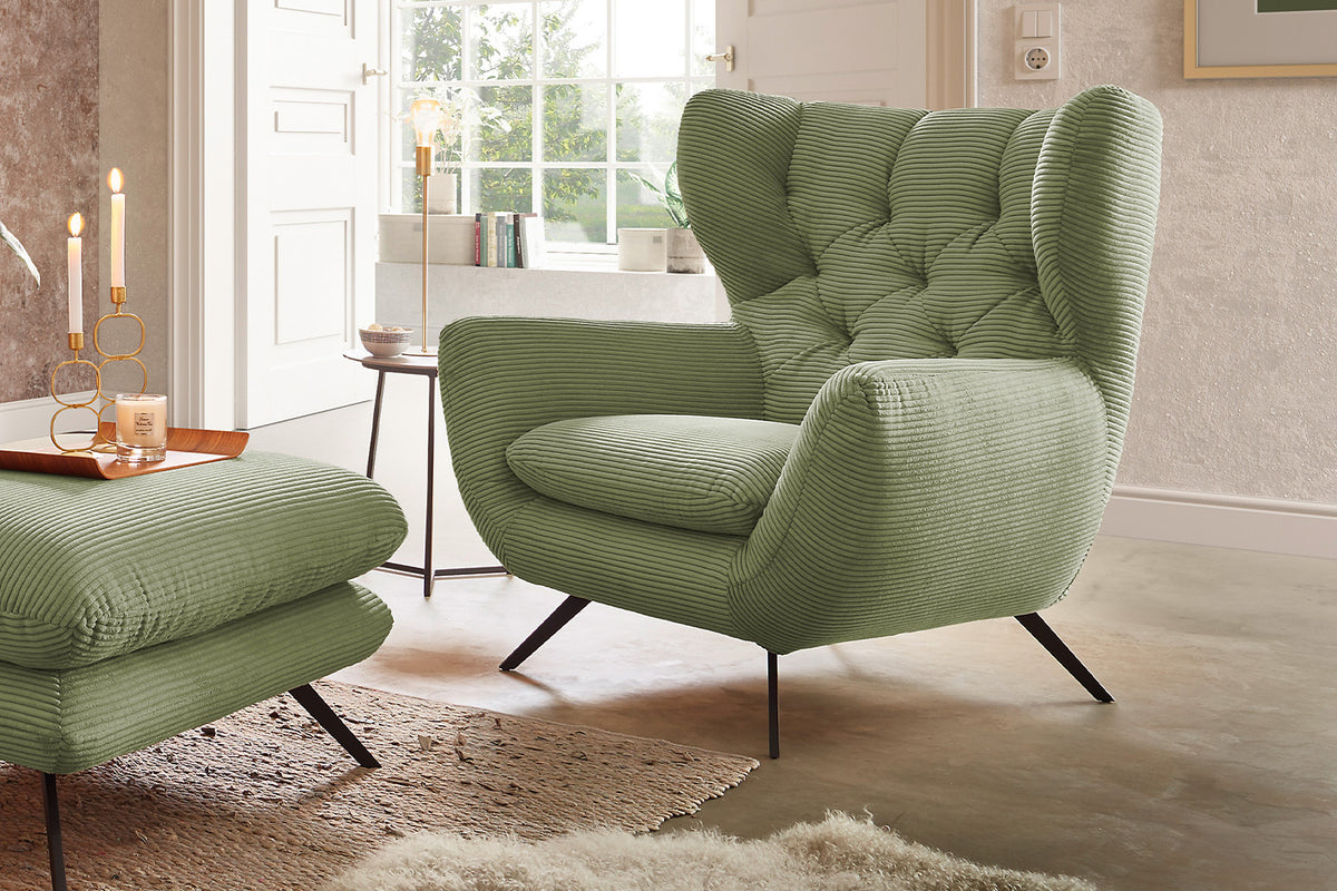 KAWOLA Sitzgruppe CHARME Sofa Sessel Hockerbank Cord olivgrün