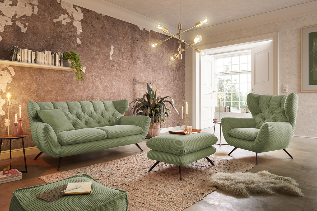 KAWOLA Sitzgruppe CHARME Sofa Sessel Hockerbank Cord olivgrün, 3-Sitzer