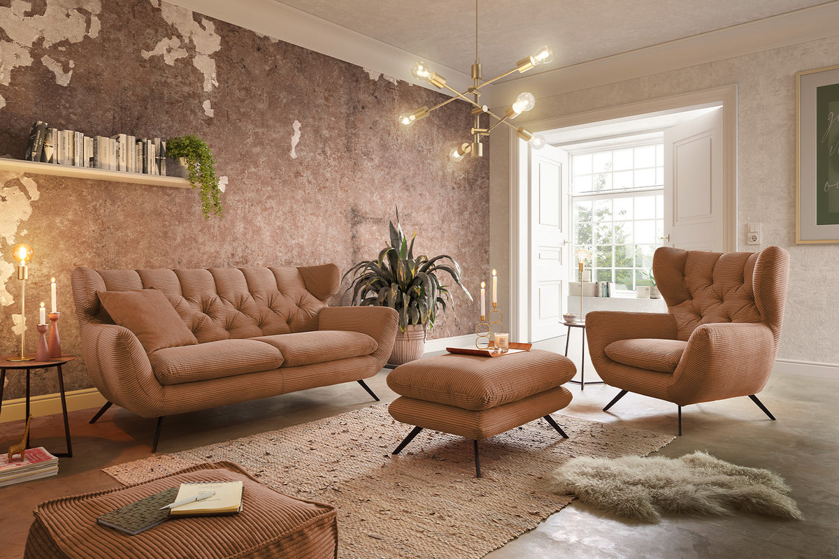 KAWOLA Sitzgruppe CHARME Sofa Sessel Hockerbank Cord rost, 2.5-Sitzer