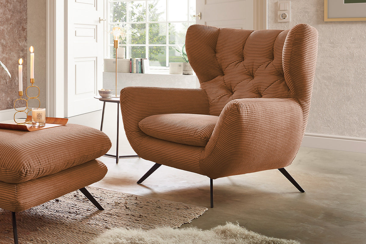 KAWOLA Sitzgruppe CHARME Sofa Sessel Hockerbank Cord rost