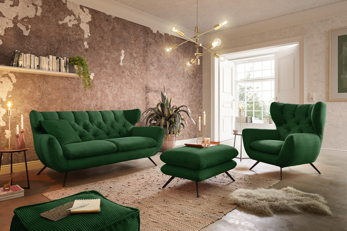 KAWOLA Sitzgruppe CHARME Sofa Sessel Hockerbank Cord smaragd, 3-Sitzer