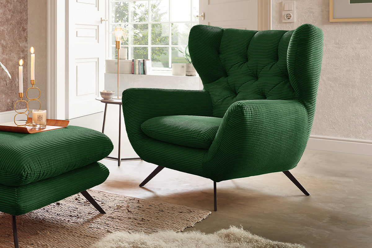KAWOLA Sitzgruppe CHARME Sofa Sessel Hockerbank Cord smaragd