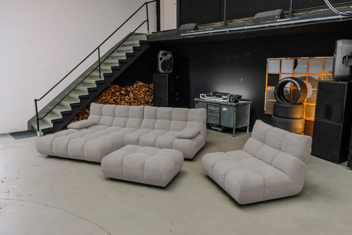 KAWOLA Sitzgruppe VIVIEN Ecksofa Drehsessel Hockerbank Feincord grau, Links