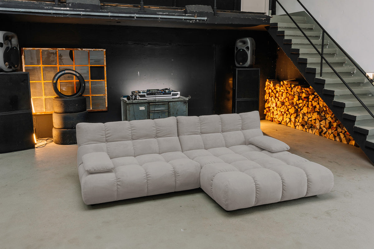 KAWOLA Sitzgruppe VIVIEN Ecksofa Drehsessel Hockerbank Feincord grau