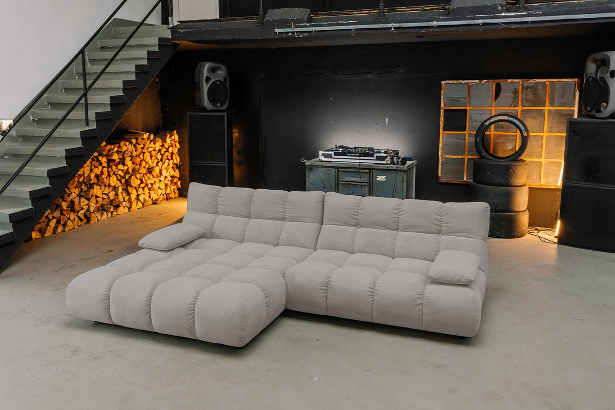 KAWOLA Sitzgruppe VIVIEN Ecksofa Drehsessel Hockerbank Feincord grau