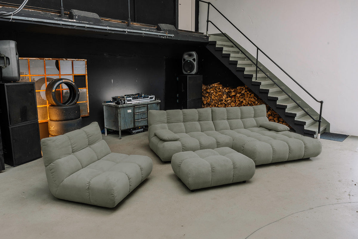 KAWOLA Sitzgruppe VIVIEN Ecksofa Drehsessel Hockerbank Feincord olivgrün, Rechts