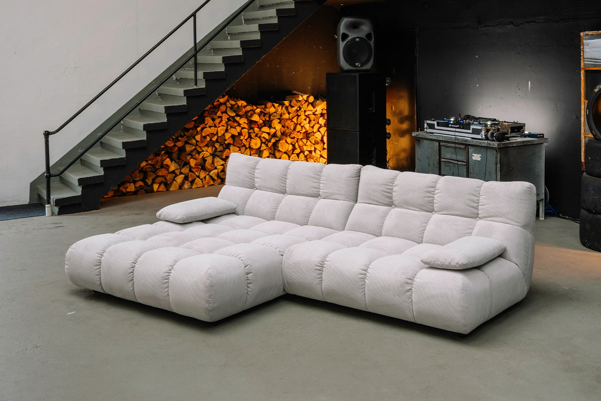 KAWOLA Sitzgruppe VIVIEN Ecksofa Drehsessel Hockerbank Feincord silber
