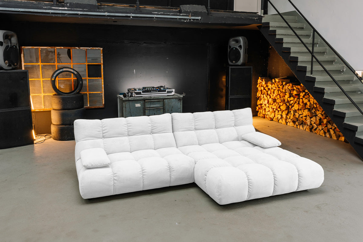 KAWOLA Sitzgruppe VIVIEN Ecksofa Drehsessel Hockerbank Feincord weiß
