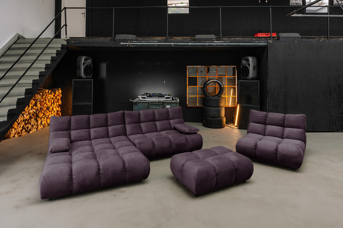 KAWOLA Sitzgruppe VIVIEN Ecksofa Drehsessel Hockerbank Velvet purple