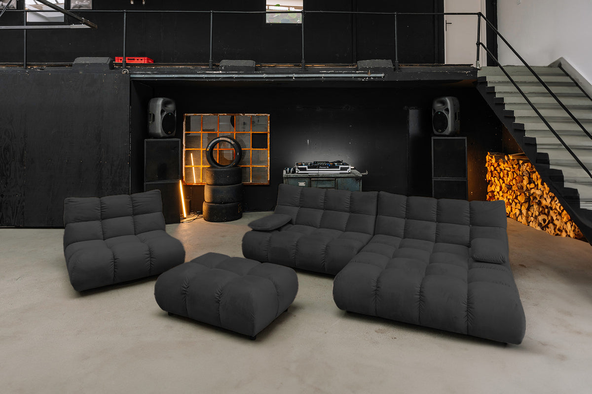KAWOLA Sitzgruppe VIVIEN Ecksofa Drehsessel Hockerbank Velvet schwarz