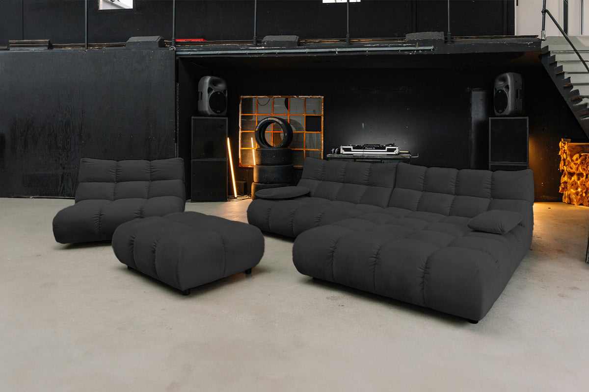 KAWOLA Sitzgruppe VIVIEN Ecksofa Drehsessel Hockerbank Velvet schwarz