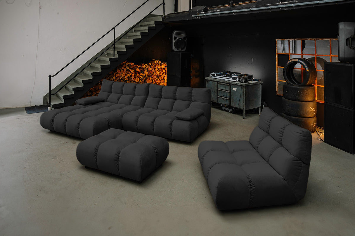 KAWOLA Sitzgruppe VIVIEN Ecksofa Drehsessel Hockerbank Velvet schwarz
