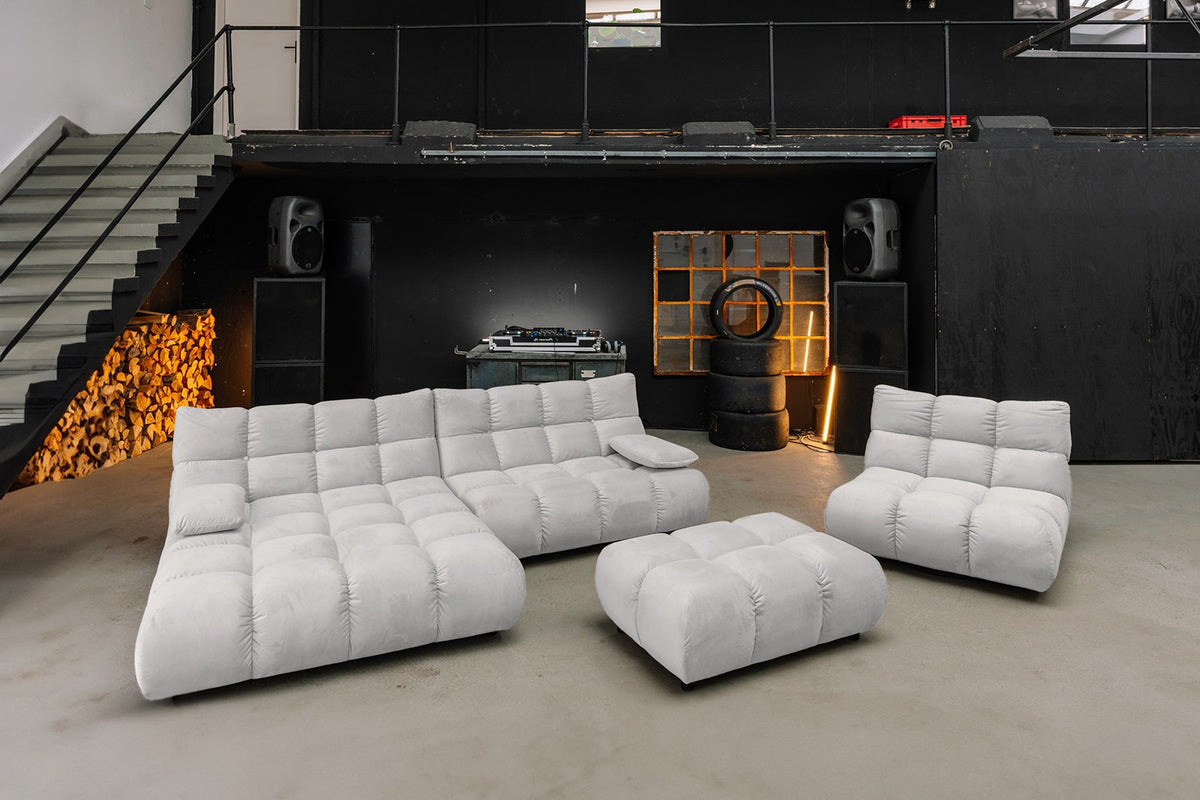 KAWOLA Sitzgruppe VIVIEN Ecksofa Drehsessel Hockerbank Velvet silber