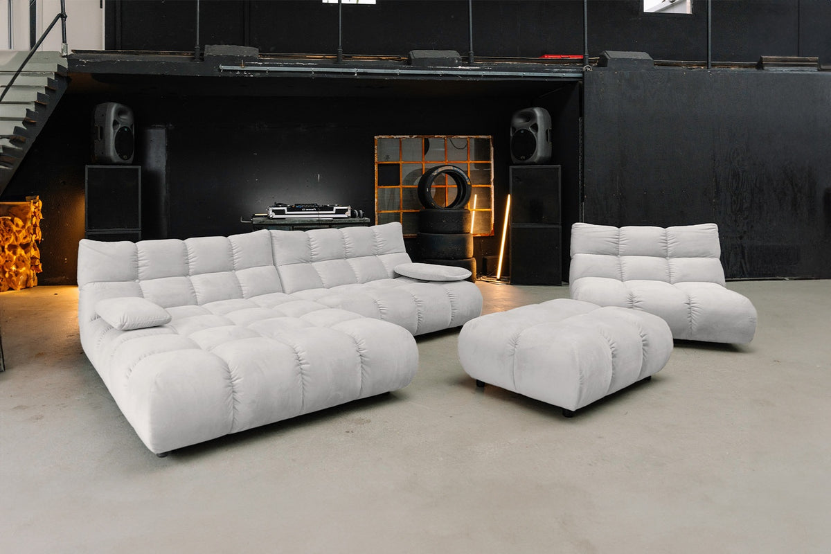 KAWOLA Sitzgruppe VIVIEN Ecksofa Drehsessel Hockerbank Velvet silber