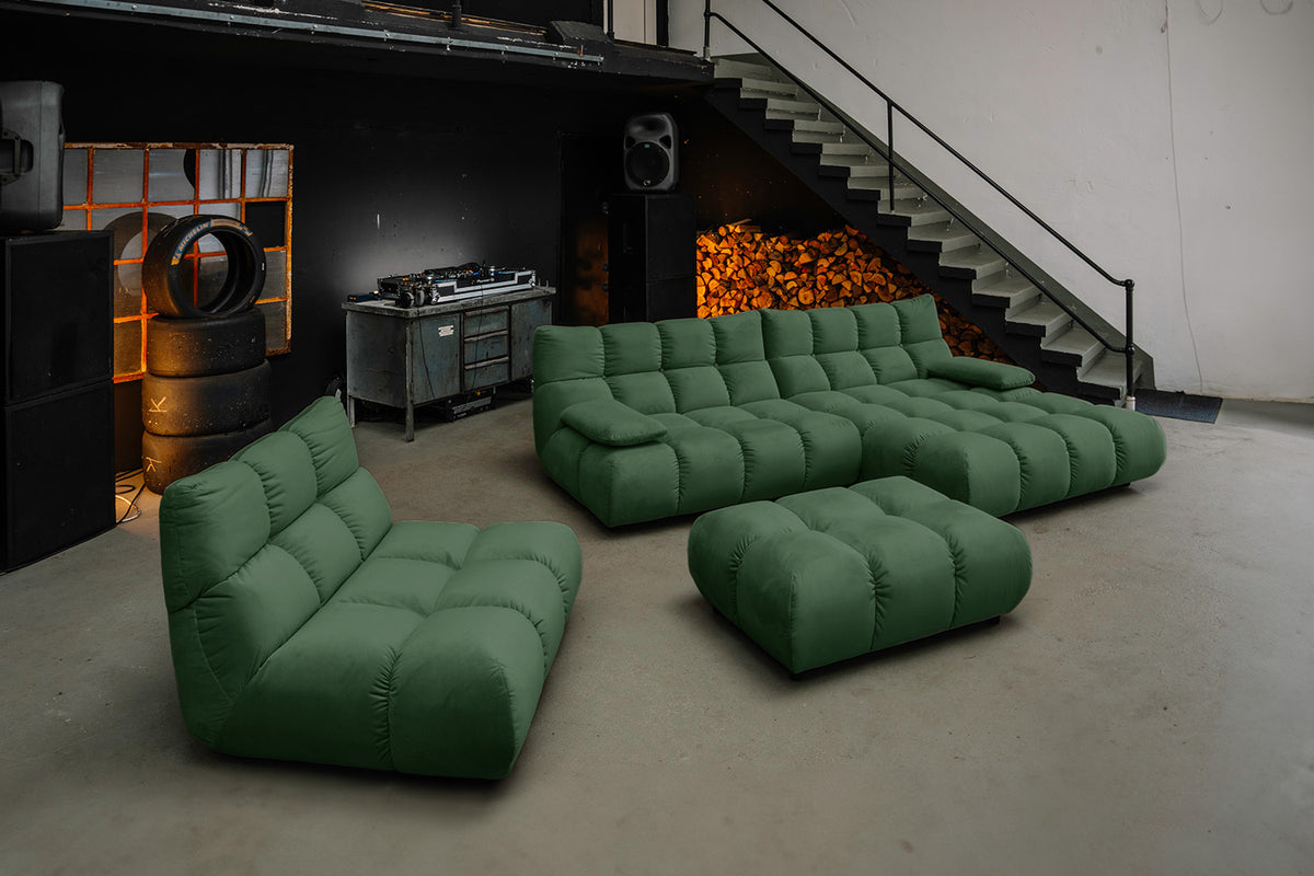 KAWOLA Sitzgruppe VIVIEN Ecksofa Drehsessel Hockerbank Velvet smaragd, Rechts