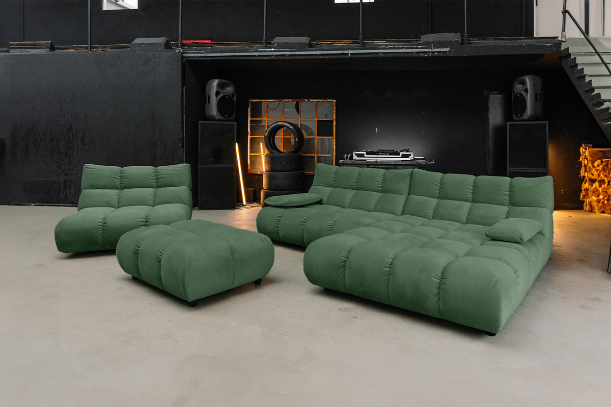 KAWOLA Sitzgruppe VIVIEN Ecksofa Drehsessel Hockerbank Velvet smaragd