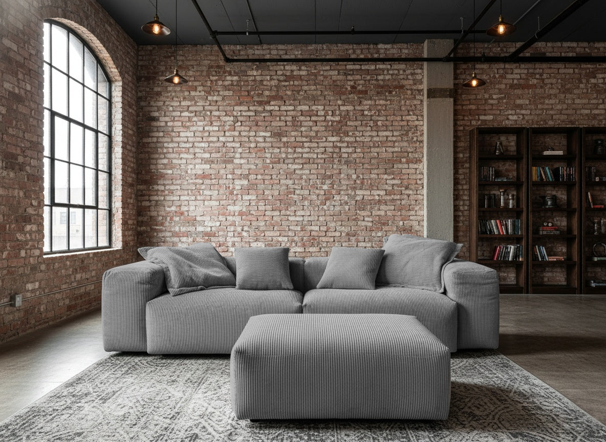 KAWOLA Sofa CELESTE 4-Sitzer mit Hocker Cord grau