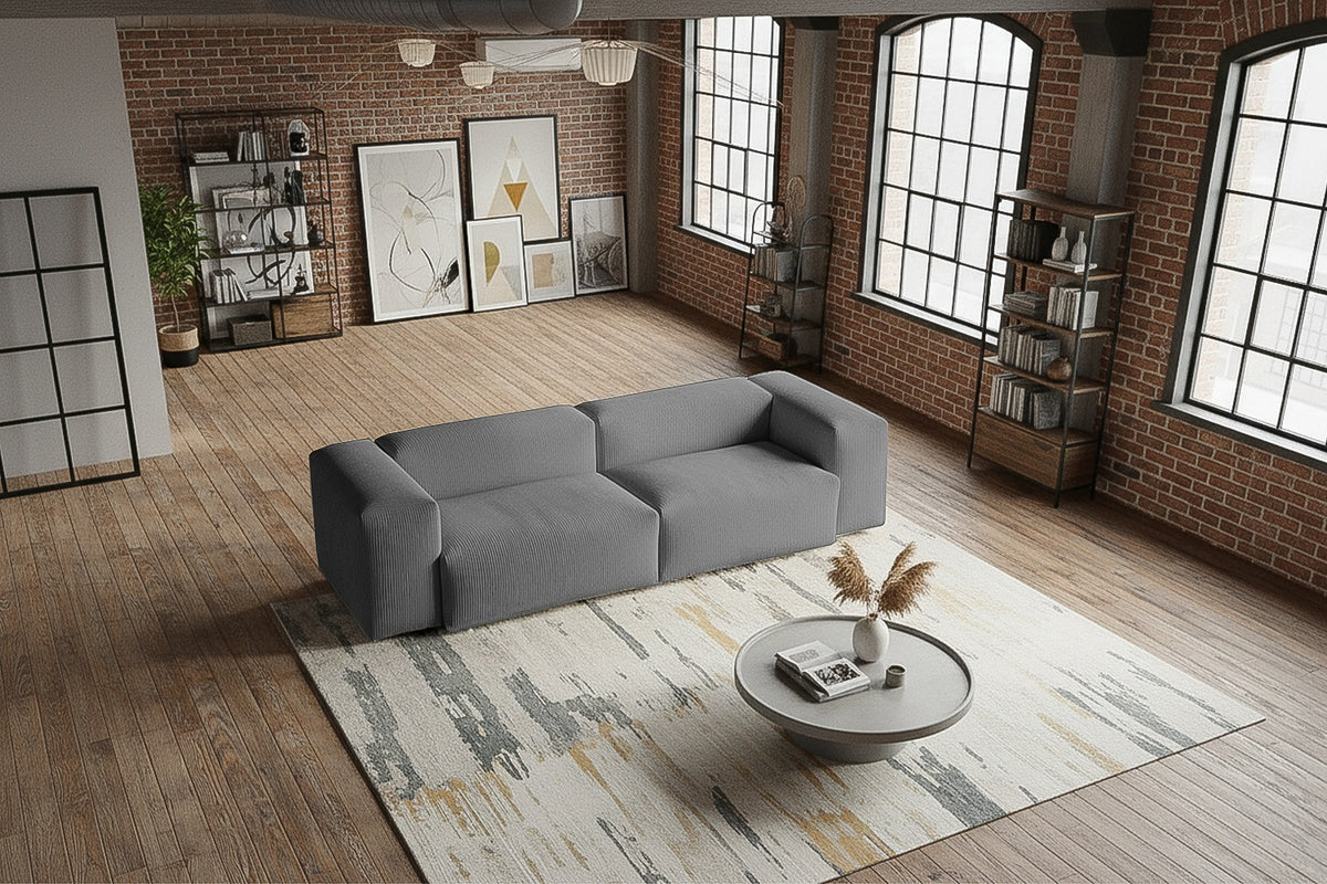 KAWOLA Sofa CELESTE 4-Sitzer mit Hocker Cord grau