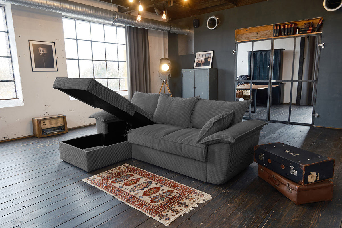 KAWOLA Sofa DAMETO Ecksofa Bettsofa Schlafsofa mit Stauraum Cord grau