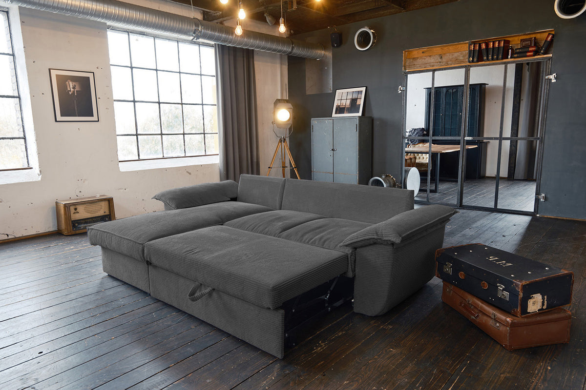 KAWOLA Sofa DAMETO Ecksofa Bettsofa Schlafsofa mit Stauraum Cord grau