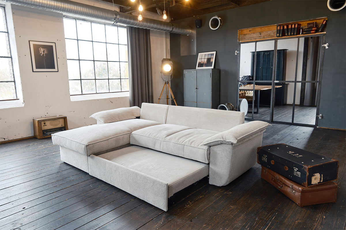 KAWOLA Sofa DAMETO Ecksofa Bettsofa Schlafsofa mit Stauraum Cord weiß