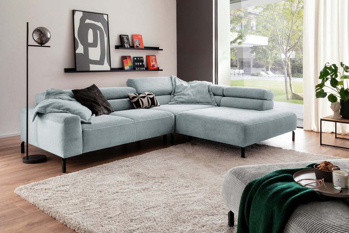 KAWOLA Sofa DELIA Ecksofa Cord hellblau, 312 x 219, Rechts, Ohne Komfortfunktion