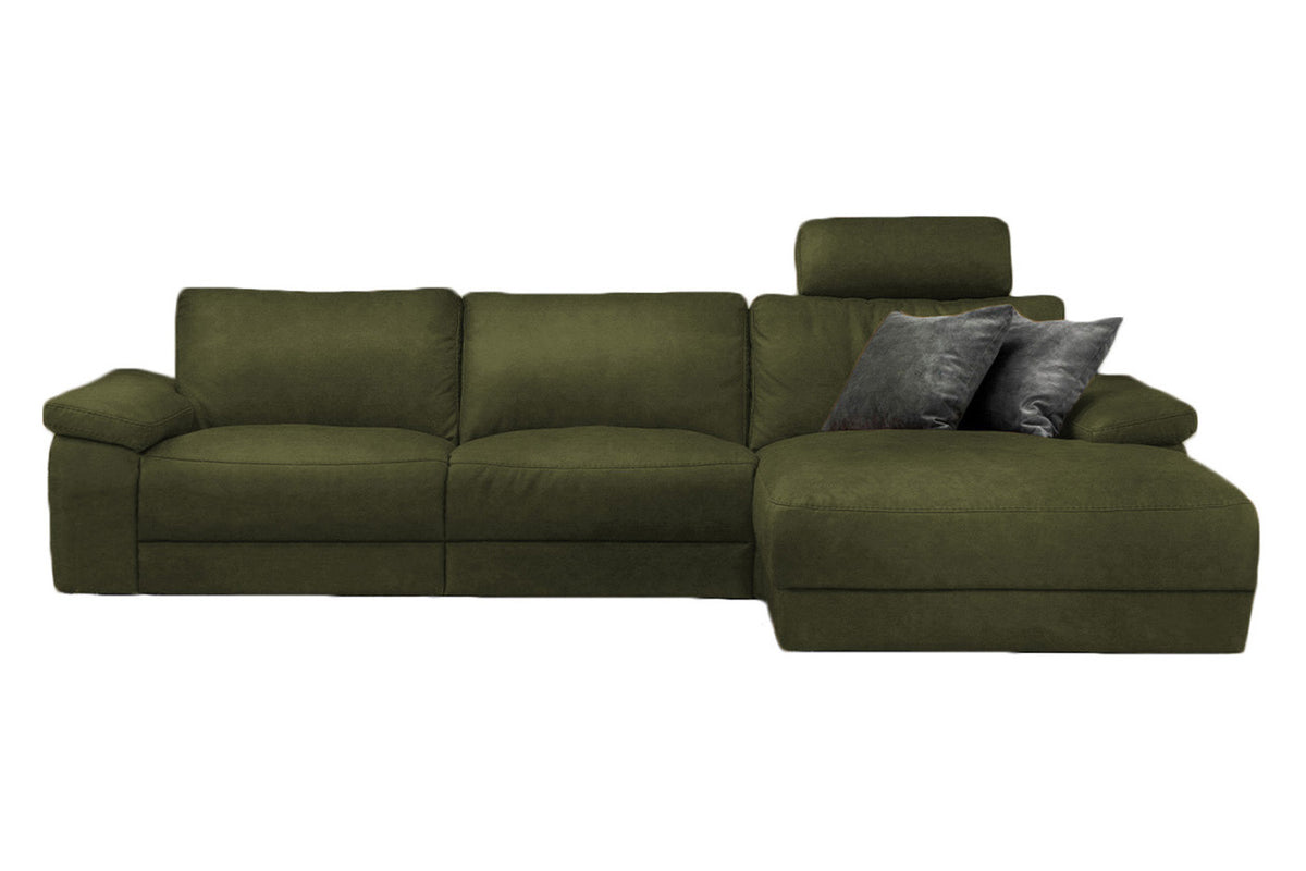 KAWOLA Sofa LOLA Ecksofa Stoff moosgrün mit motorischer Relaxfunktion