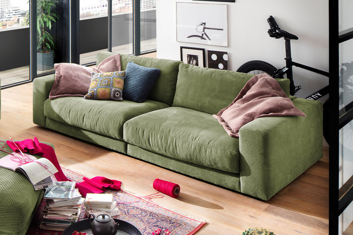 KAWOLA Sofa MADELINE 3-Sitzer Cord olivgrün