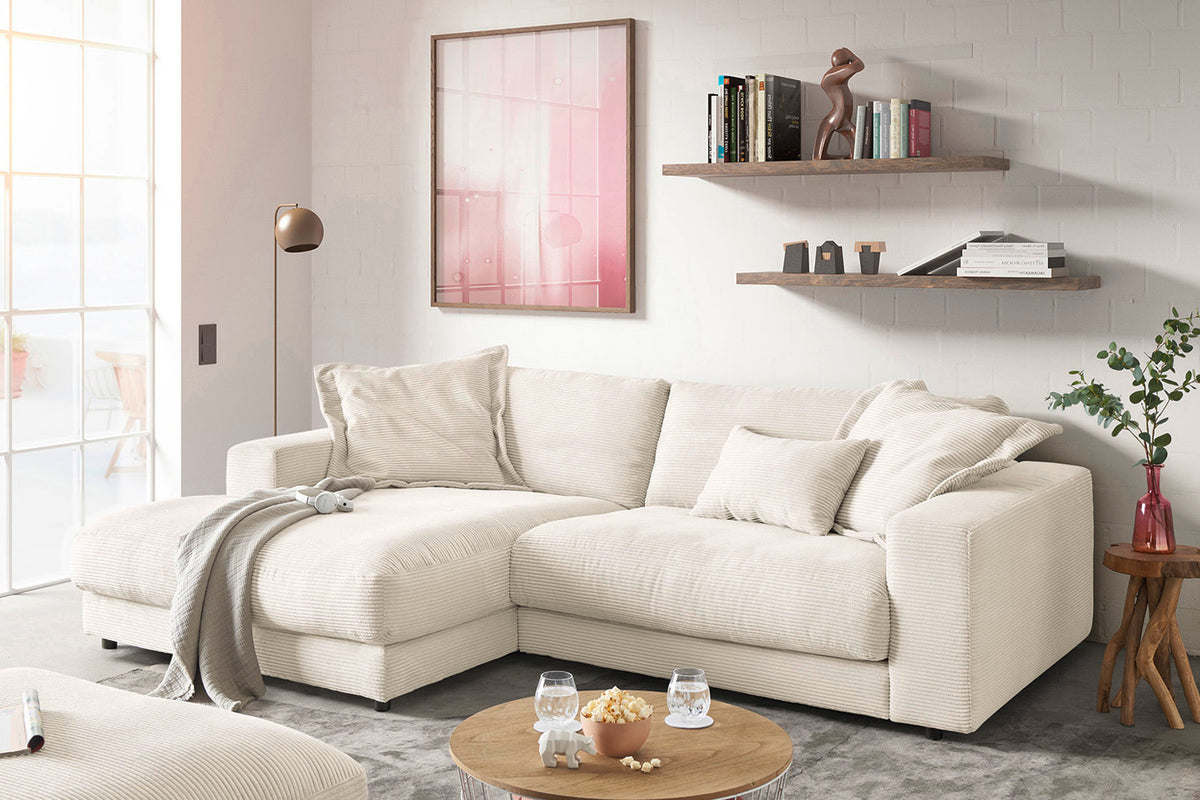 KAWOLA Sofa MADELINE Ecksofa mit Longchair Cord cremeweiß, Links